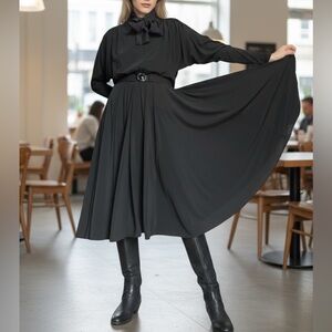 Vintage 80s Richard Warren Black Jersey Midi Dress Circle Skirt Long Sleeve – M